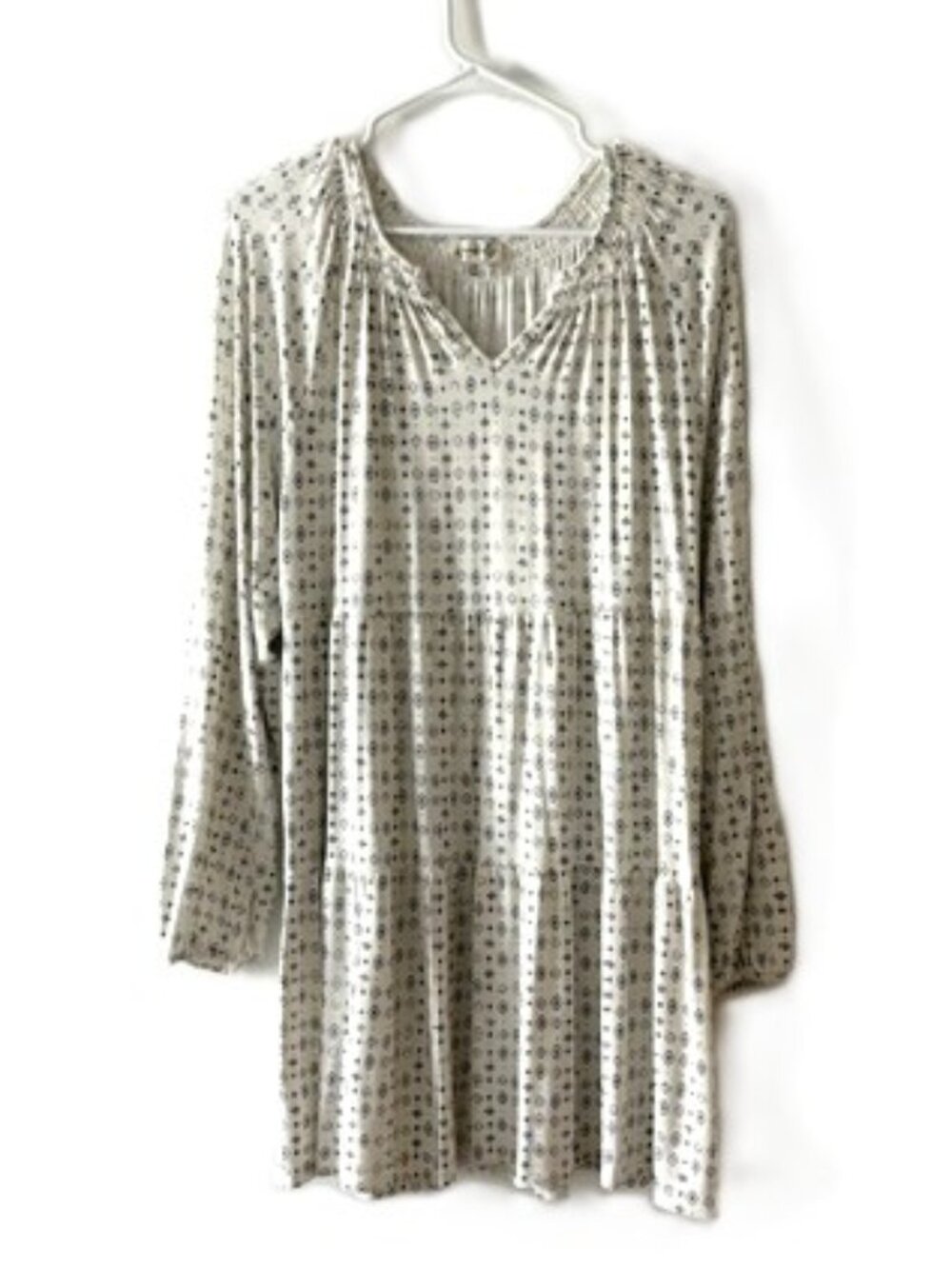 Wonderly Ivory and Blue Two-Tier Ruffle Dress with Long Sleeves